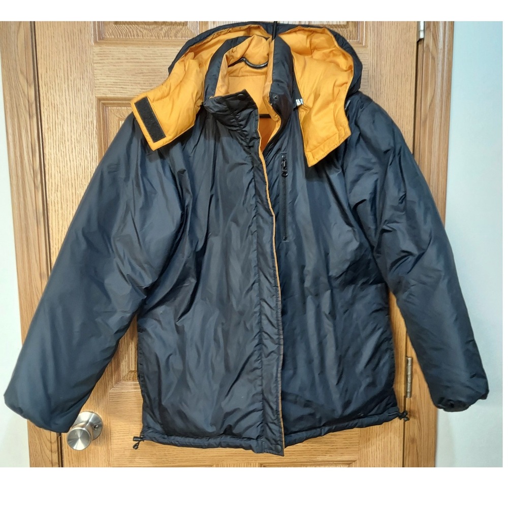 Lands End Goose Down Puffer Jacket Reversible Black Yellow Hooded Men Medium